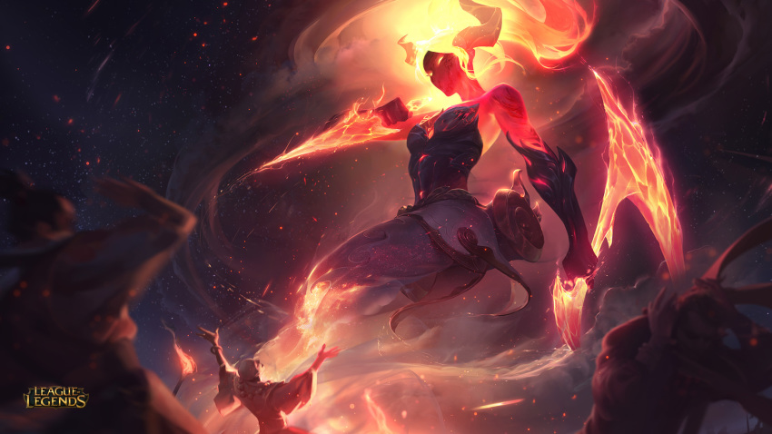3boys akali alternate_form armor bare_shoulders dagger demon_horns fire fleeing giantess highres holding holding_weapon horns league_of_legends long_hair multiple_boys official_art praying red_eyes scared scroll sky torch weapon wristband