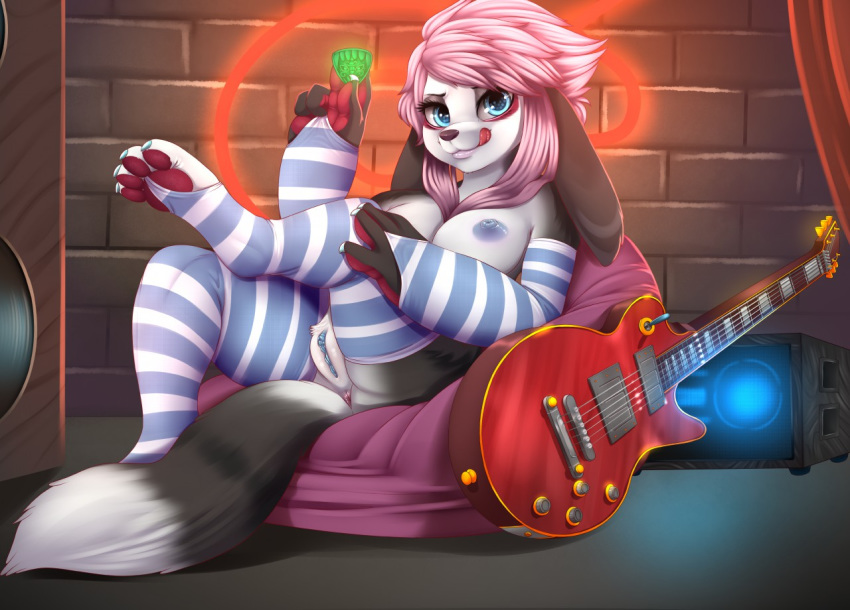 2018 anthro areola armwear breasts clothing dankflank digital_media_(artwork) electric_guitar female guitar guitar_pick hair legwear licking licking_lips looking_at_viewer mammal musical_instrument nipples pussy solo striped_armwear striped_legwear stripes tongue tongue_out