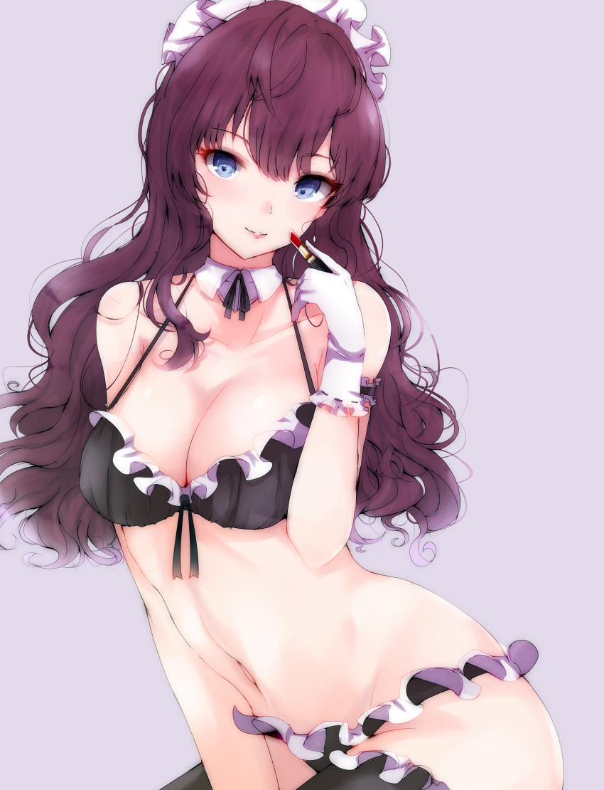 absurdres arm_at_side arm_garter bangs bare_shoulders black_ribbon blue_eyes blush bra breasts cleavage collarbone detached_collar earrings eyebrows_visible_through_hair eyelashes frilled_bra frilled_gloves frills gloves groin hair_between_eyes highres holding holding_lipstick ichinose_shiki idolmaster idolmaster_cinderella_girls jewelry large_breasts lingerie lipstick lipstick_tube long_hair looking_at_viewer maid_headdress makeup medium_breasts navel parted_lips purple_hair ribbon ribbon-trimmed_gloves ribbon_bra ribbon_trim ryuu. simple_background smile solo stomach underwear underwear_only wavy_hair white_gloves