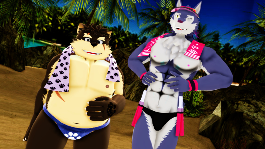 2018 3d_(artwork) anthro beach canine clothed clothing digital_media_(artwork) dog duo kemono looking_at_viewer male malicekira mammal managarmr_(housamo) moritaka muscular muscular_male navel nipples open_mouth sand scar seaside slightly_chubby smile speedo standing swimsuit tokyo_afterschool_summoners topless towel wolf