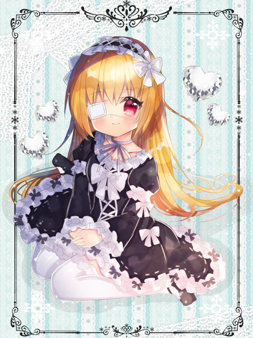 bangs black_dress black_footwear black_hairband blonde_hair blush bow closed_mouth commentary_request dress eyebrows_visible_through_hair eyepatch frilled_hairband frills gothic_lolita hair_between_eyes hairband hands_on_lap heart highres kohaku_muro lolita_fashion long_hair long_sleeves looking_at_viewer mary_janes medical_eyepatch original own_hands_together puffy_short_sleeves puffy_sleeves red_eyes shoes short_over_long_sleeves short_sleeves sitting sleeves_past_wrists smile solo thighhighs v_arms very_long_hair wariza white_bow white_legwear wide_sleeves