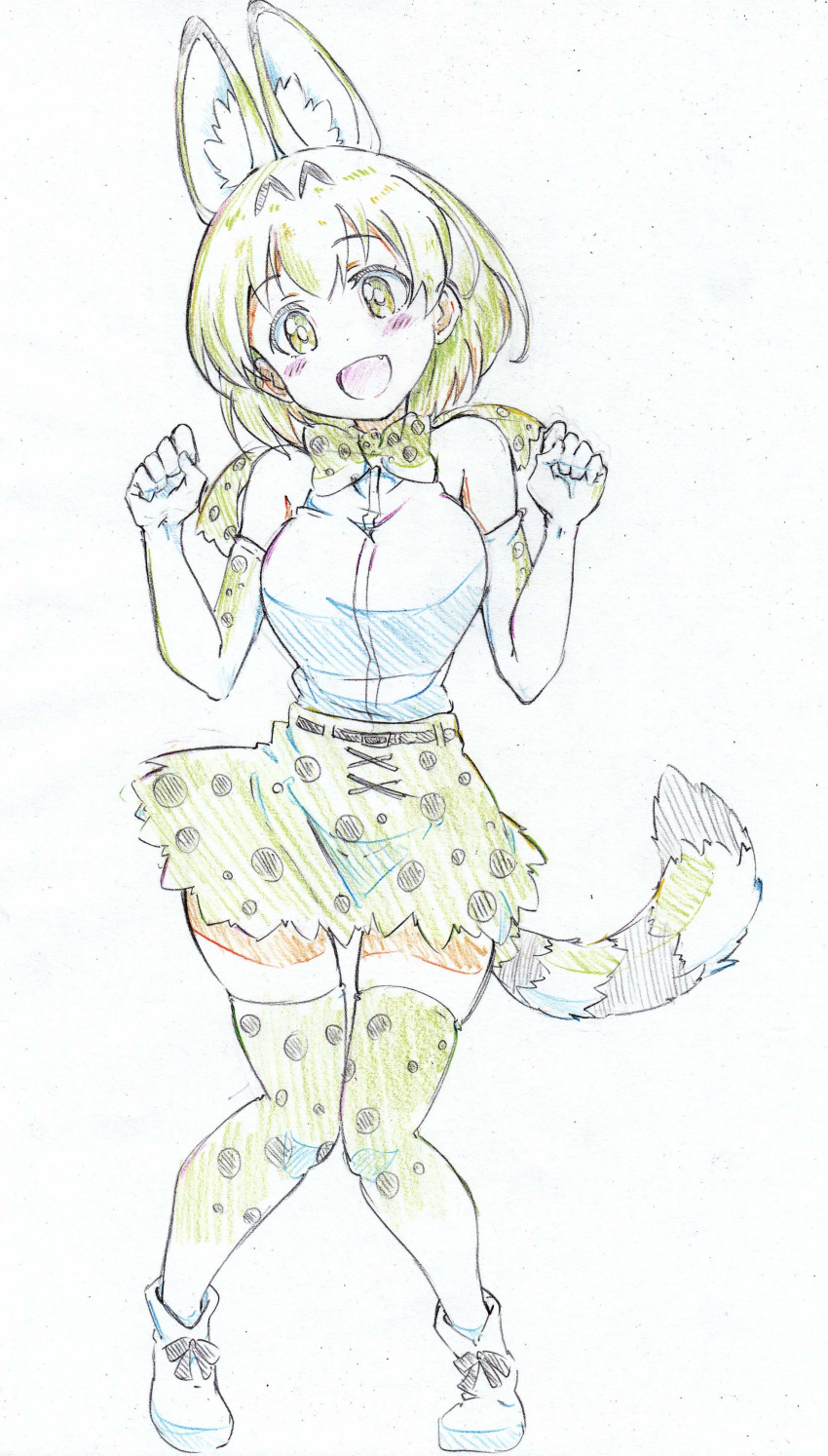 :d absurdres animal_ears ankle_boots bad_proportions bangs black_skirt blonde_hair boots bow bowtie clenched_hands color_trace colored_pencil_(medium) commentary elbow_gloves extra_ears eyebrows_visible_through_hair fang full_body gloves green_hair head_tilt high-waist_skirt highres kemono_friends kitazinger knees_together_feet_apart looking_at_viewer miniskirt open_mouth print_gloves print_legwear print_neckwear print_skirt serval_(kemono_friends) serval_ears serval_print serval_tail shirt short_hair skindentation skirt sleeveless sleeveless_shirt smile solo standing striped_tail tail thighhighs traditional_media w_arms white_footwear white_gloves white_shirt yellow_legwear yellow_neckwear yellow_skirt