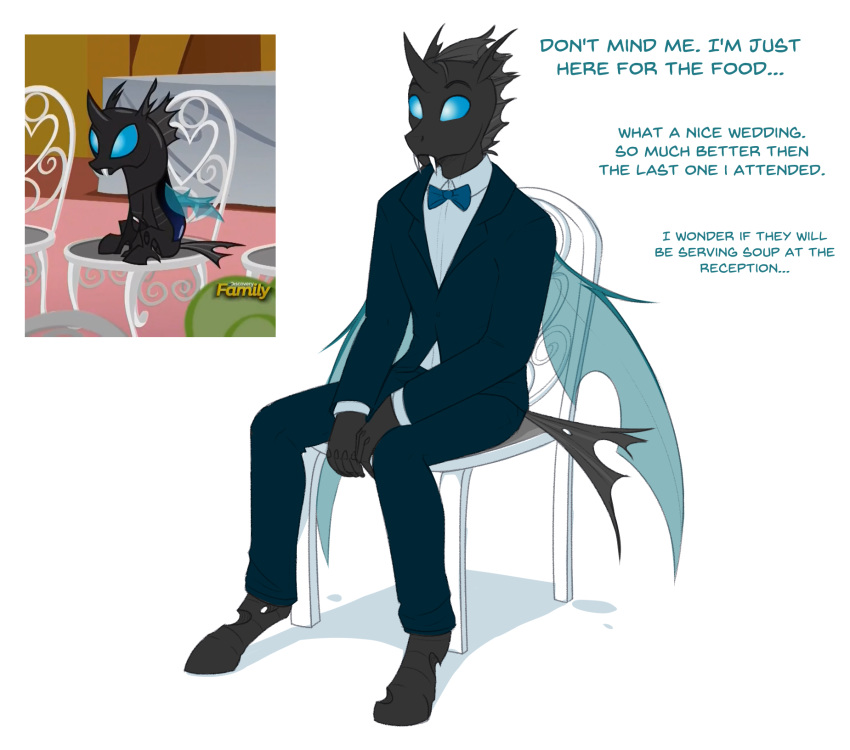 2018 anthro anthrofied bow_tie catnamedfish chair changeling clothed clothing english_text fangs feral friendship_is_magic hi_res hole_(anatomy) horn insect_wings male my_little_pony scene_interpretation simple_background sitting text white_background wings