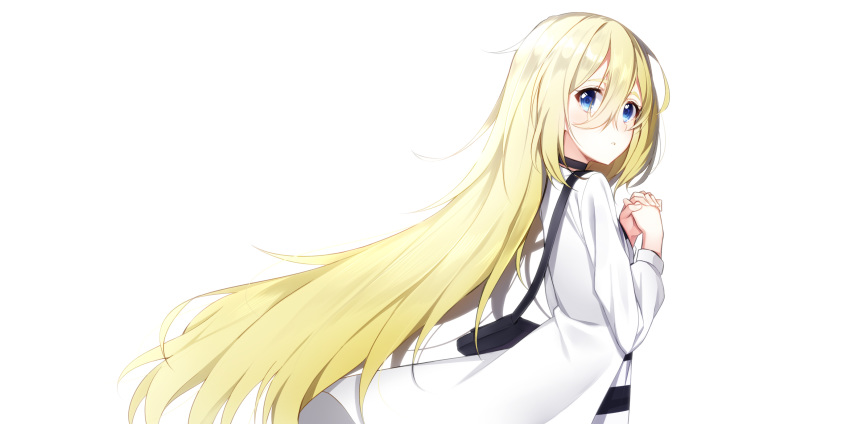 :o bag bangs blonde_hair blue_eyes hair_between_eyes hands_clasped hands_up highres jacket long_hair long_sleeves looking_at_viewer looking_to_the_side open_clothes open_jacket own_hands_together parted_lips rachel_gardner satsuriku_no_tenshi shirt shoulder_bag simple_background solo striped striped_shirt the_cold very_long_hair white_background white_jacket