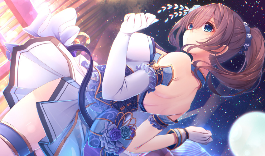 alternate_costume asymmetrical_gloves blue_eyes breasts commentary_request dutch_angle elbow_gloves flower gloves griddle highres idolmaster idolmaster_cinderella_girls idolmaster_cinderella_girls_starlight_stage large_breasts long_hair looking_away moon night rose sagisawa_fumika skirt sky solo star_(sky) starry_sky tatapopo