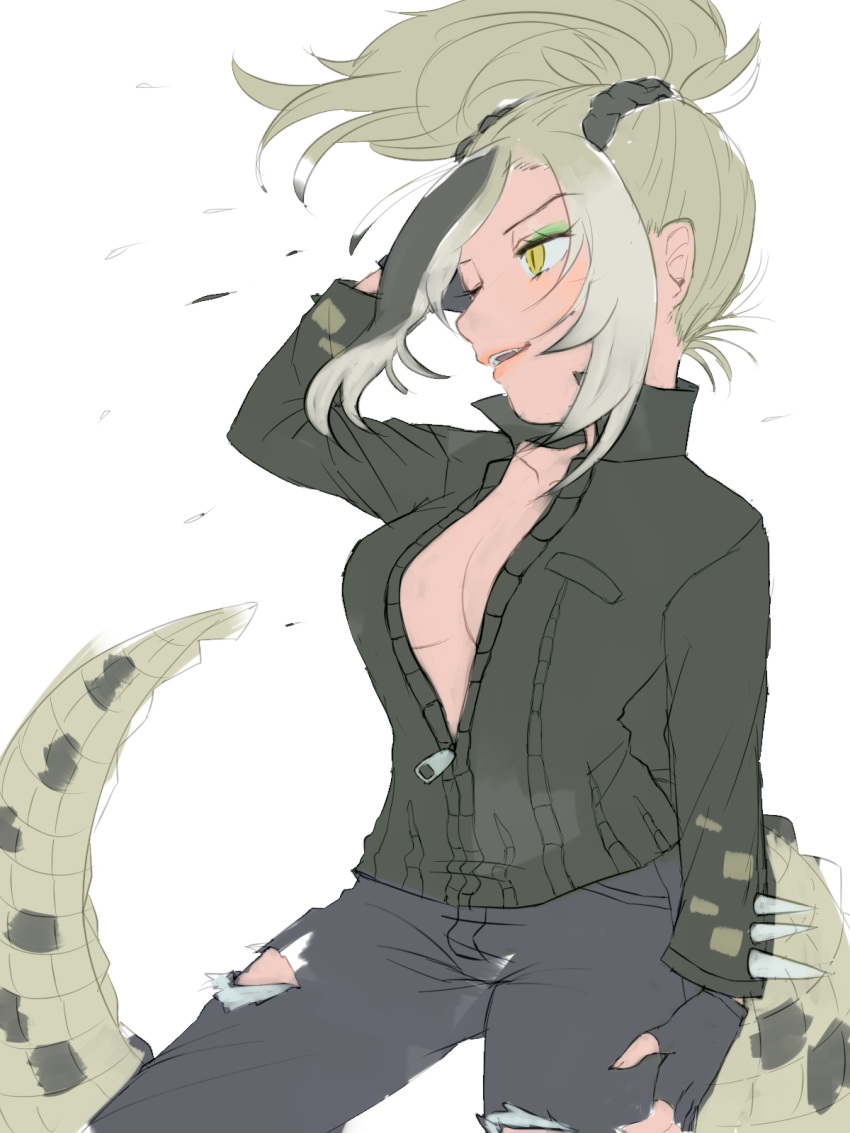 2018 animal_humanoid big_breasts biped breasts cleavage clothed clothing crocodile crocodilian crocodilian_humanoid digital_drawing_(artwork) digital_media_(artwork) eyelashes eyeshadow female fingerless_gloves front_view gloves grey_clothing grey_hair grey_scales grey_spots hair half-length_portrait hanada03 hand_behind_head hi_res humanoid humanoid_hands jacket jeans kemono_friends light_skin long_tail makeup multicolored_hair multicolored_scales one_eye_closed open_mouth open_smile pants ponytail portrait raised_arm reptile reptile_humanoid saltwater_crocodile saltwater_crocodile_(kemono_friends) scales scalie short_hair simple_background slit_pupils smile solo spiked_tail spikes spots spotted_scales standing tan_hair tan_scales tan_skin torn_clothing torn_jeans torn_pants two_tone_hair two_tone_scales white_background wink yellow_eyes