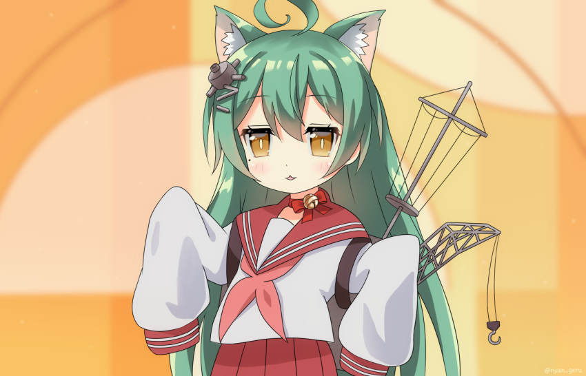 :3 ahoge akashi_(azur_lane) animal_ears azur_lane bangs bell blurry blurry_background blush bow brown_eyes cat_ears cat_girl commentary_request crane eyebrows_visible_through_hair geru_nyan green_eyes green_hair hair_between_eyes hair_ornament jingle_bell jitome long_hair long_sleeves looking_at_viewer lucky_star motteke!_serafuku neckerchief parody parted_lips pink_neckwear pleated_skirt red_bow red_sailor_collar red_skirt ryouou_school_uniform sailor_collar school_uniform serafuku shirt skirt sleeves_past_fingers sleeves_past_wrists slit_pupils solo upper_body very_long_hair white_shirt