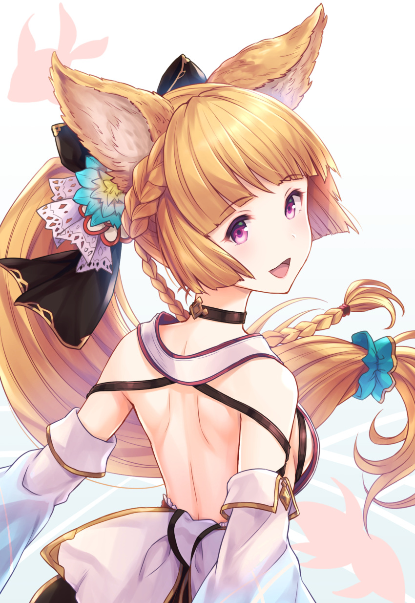 :d animal_ears back bangs bare_shoulders black_bow black_ribbon blue_background blue_flower blue_scrunchie blunt_bangs blush bow braid breasts brown_choker brown_hair choker commentary_request detached_sleeves erune eyebrows_visible_through_hair floating_hair flower french_braid from_behind gradient gradient_background granblue_fantasy hair_bow hair_flower hair_ornament hair_ribbon hair_scrunchie hair_tie head_tilt highres long_hair long_sleeves looking_at_viewer looking_back open_mouth pink_eyes ponytail ribbon scrunchie shiny shiny_hair shoulder_blades sideboob sidelocks single_braid small_breasts smile solo tomo_(user_hes4085) upper_body very_long_hair white_background wide_sleeves yellow_flower yuisis_(granblue_fantasy)
