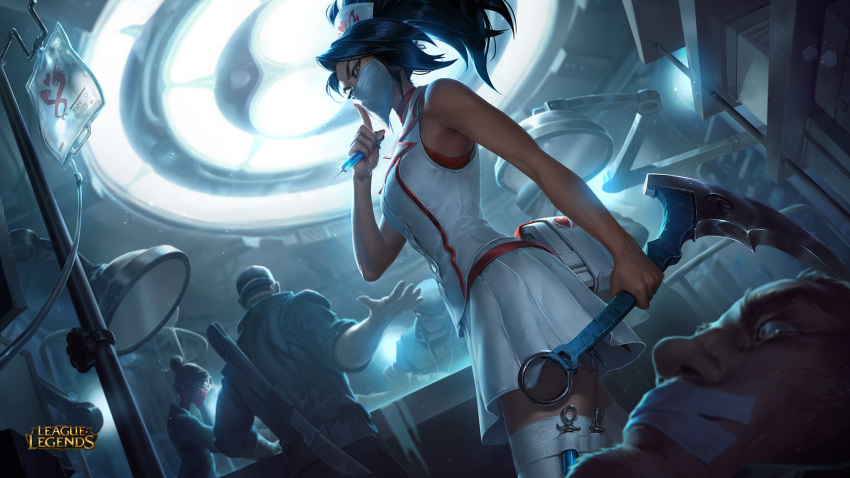 3boys akali alternate_costume bare_shoulders bed black_hair covered_mouth doctor finger_to_mouth glasses gloves green_eyes hat high_ponytail highres hospital hospital_bed indoors league_of_legends light long_hair looking_at_viewer mask multiple_boys multiple_girls nurse nurse_akali nurse_cap official_art ponytail rubber_gloves scalpel shushing sickle skirt surgeon surgery surgical_mask syringe thighhighs very_long_hair weapon white_legwear