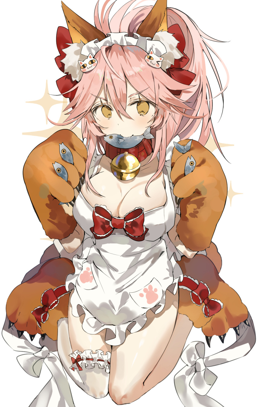 animal_ear_fluff animal_ears apron bangs bare_shoulders bell bell_collar between_fingers blush bow breasts cat_hair_ornament cat_paws cleavage closed_mouth collar collarbone commentary fate/extra fate/grand_order fate_(series) fish fox_ears fox_tail frills gloves hair_between_eyes hair_bow hair_ornament highres hips jingle_bell kneeling large_breasts long_hair looking_at_viewer maid_headdress mouth_hold naked_apron paw_gloves paw_print paw_shoes paws pink_hair red_bow shoes sidelocks simple_background smile solo sparkle tail tamamo_(fate)_(all) tamamo_cat_(fate) thighs white_background yuuko_(030_yuko)