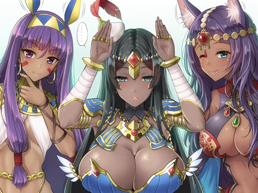 animal_ears bandaged_arm bandages bangs blush breasts dark_skin earrings eyebrows_visible_through_hair facial_mark fate/grand_order fate_(series) hairband highres jewelry large_breasts long_hair looking_at_viewer multiple_girls nitocris_(fate/grand_order) one_eye_closed purple_eyes purple_hair queen_of_sheba_(fate/grand_order) scheherazade_(fate/grand_order) simple_background smile youshuu