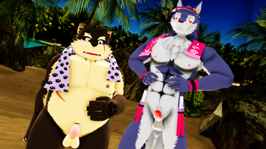 2018 3d_(artwork) anthro balls canine comparing comparing_penis digital_media_(artwork) dog duo humanoid_penis kemono male malicekira mammal managarmr_(housamo) moritaka muscular muscular_male nipples open_mouth penis penis_envy penis_size_difference scar slightly_chubby standing tokyo_afterschool_summoners towel wolf
