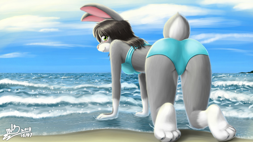 anthro beach bikini blush butt clothed clothing cloud female fur green_eyes hi_res lagomorph looking_at_viewer looking_back mammal milesnukem outside presenting rabbit sand sea seaside sky smile solo swimsuit water yerli