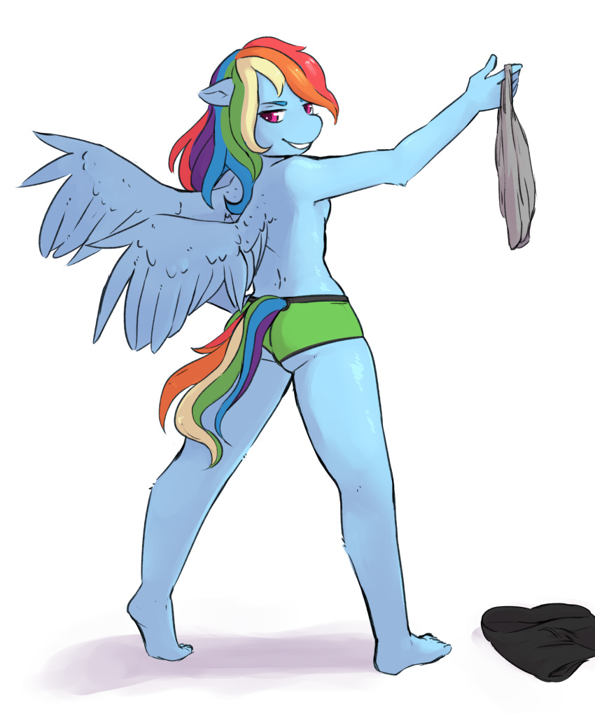 anthro anthrofied barefoot blue_feathers blue_skin clothed clothing discarded_clothing equine feathered_wings feathers feet female friendship_is_magic full-length_portrait grin hair holding_clothing humanoid_feet humanoid_hands looking_back mammal multicolored_hair multicolored_tail my_little_pony naughty_face panties pegasus portrait rainbow_dash_(mlp) rainbow_hair rainbow_tail rainbowsprinklesart raised_arm rear_view simple_background smile solo standing topless underwear undressing white_background wings