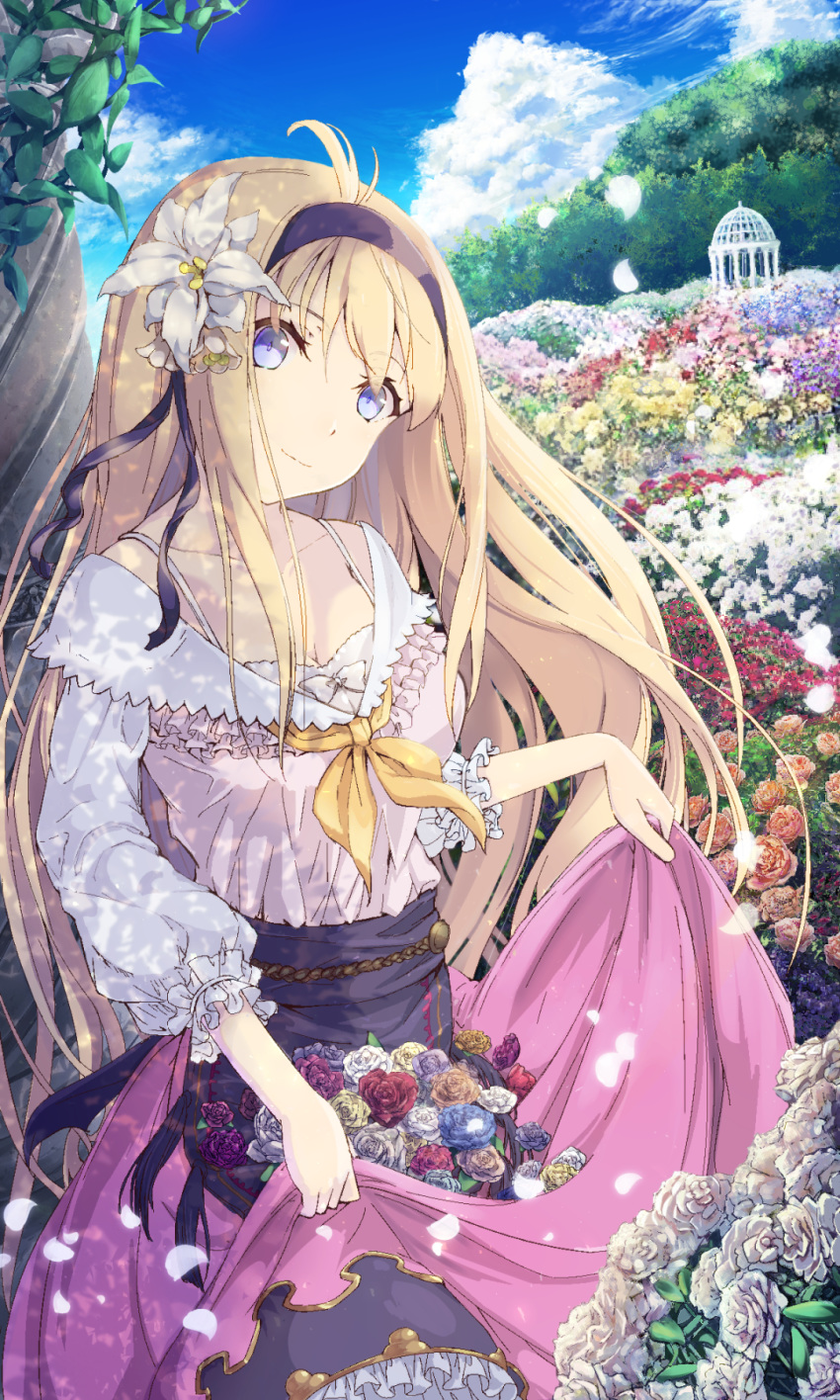 blonde_hair blue_eyes bra breasts cleavage cloud cloudy_sky coffee1223 collarbone commentary_request day dress field flower flower_field frills granblue_fantasy hair_flower hair_ornament hairband highres jeanne_d'arc_(granblue_fantasy) long_hair pink_dress sky smile underwear