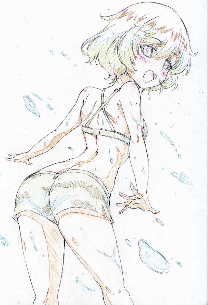 :d absurdres akiyama_yukari arched_back ass back bikini bikini_shorts brown_hair camouflage camouflage_bikini color_trace colored_pencil_(medium) commentary cowboy_shot eyebrows_visible_through_hair from_behind girls_und_panzer green_bikini highres kitazinger leaning_forward looking_at_viewer looking_back messy_hair open_mouth partially_colored short_hair shorts smile solo standing swimsuit traditional_media wet