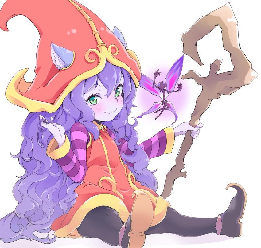 animal_ears black_hair black_legwear blush closed_mouth commentary_request curly_hair dress fairy full_body hand_in_hair hat kogen league_of_legends long_hair long_sleeves looking_at_viewer lulu_(league_of_legends) pantyhose shoes simple_background sitting smile staff striped_sleeves very_long_hair wavy_mouth white_background witch_hat yordle