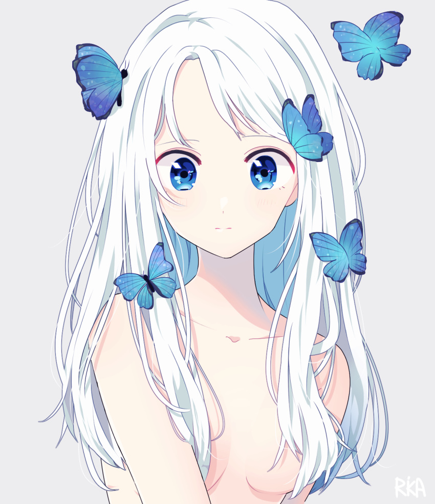 arms_at_sides artist_name bare_arms bare_shoulders blue_butterfly blue_eyes breasts bug butterfly covering expressionless grey_background hair_censor hair_over_breasts highres insect long_hair nude nude_cover original rika_(tan0002) simple_background solo upper_body white_hair