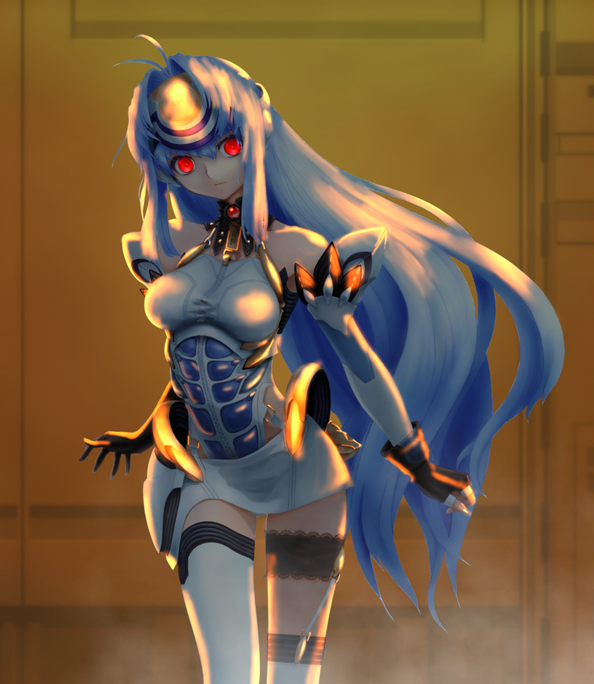 android blue_hair breasts commentary_request cyborg erufa_(pixiv) forehead_protector highres horror_(theme) kos-mos long_hair red_eyes solo xenosaga