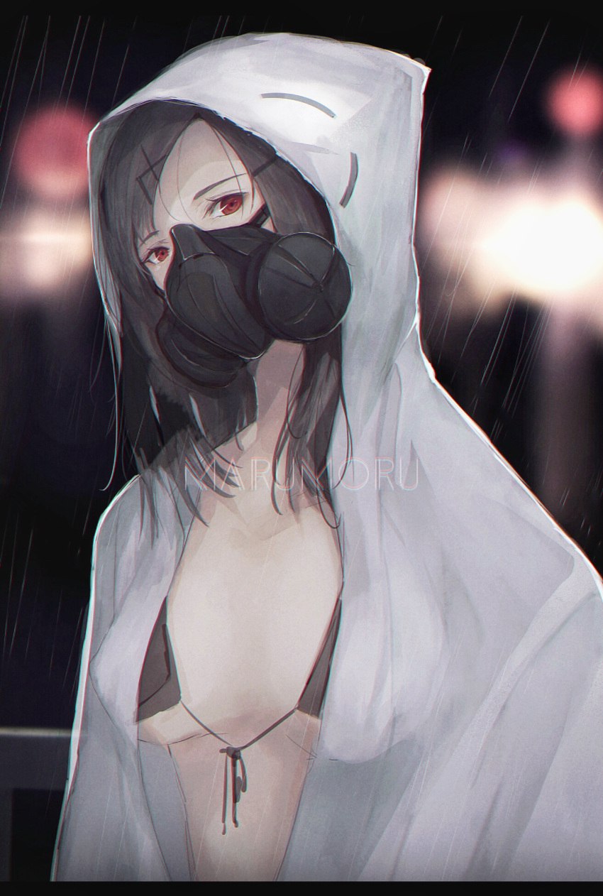 artist_name bangs bikini black_bikini breasts brown_hair commentary_request covered_mouth eyebrows_visible_through_hair face_mask front-tie_bikini front-tie_top gas_mask hair_ornament hairclip head_tilt highres hood hood_up hooded_jacket jacket long_hair looking_at_viewer marumoru mask medium_breasts open_clothes open_jacket original parted_bangs rain red_eyes solo swimsuit white_jacket x_hair_ornament