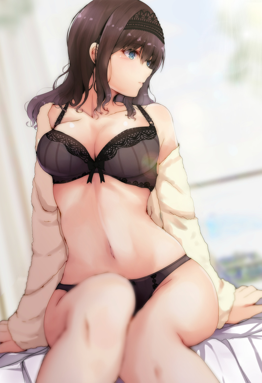 absurdres arms_at_sides bangs bare_shoulders bed bed_sheet black_bow black_bra black_panties blue_eyes bow bow_bra bra breasts brown_hair cardigan cleavage collarbone curtains eyebrows_visible_through_hair groin hair_between_eyes hairband highres hips idolmaster idolmaster_cinderella_girls indoors long_hair looking_away looking_to_the_side medium_breasts midriff navel off_shoulder on_bed open_cardigan open_clothes open_shirt panties ryuu. sagisawa_fumika sitting sitting_on_bed solo stomach thighs underwear window