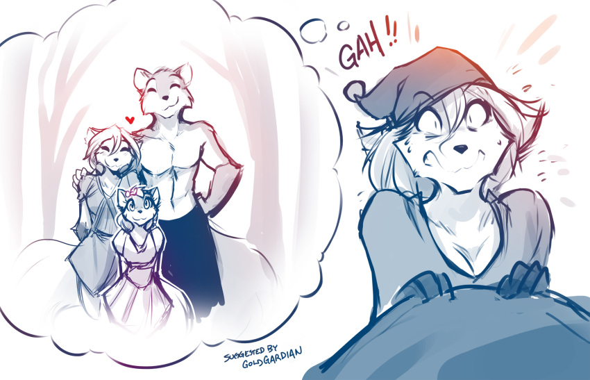&lt;3 2018 :3 anthro bed brutus_(twokinds) canine child clenched_teeth clothed clothing clovis_(twokinds) crossgender cub cute daughter dream dress eyes_closed family father female group hair_bow hair_ribbon hand_on_hip hand_on_shoulder hat hi_res keidran male mammal monochrome mother nightcap nightmare on_bed parent ribbons shocked simple_background sketch smile sound_effects sweat teeth thought_bubble tom_fischbach topless twokinds under_covers webcomic white_background wolf young
