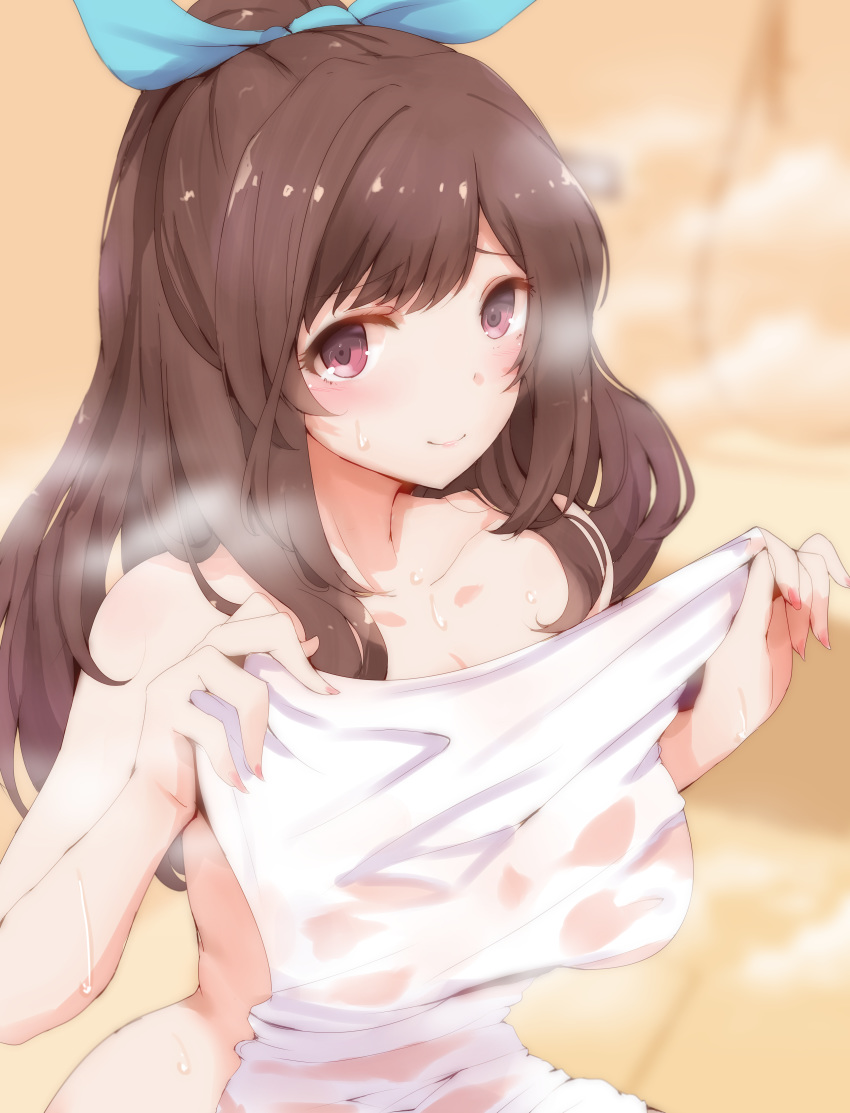 absurdres bangs bath bathing bathroom bathtub blue_bow blush bow breasts brown_eyes brown_hair closed_mouth collarbone eyebrows_visible_through_hair fingernails hair_bow hands_up highres holding holding_towel idolmaster idolmaster_shiny_colors indoors large_breasts long_fingernails long_hair looking_at_viewer nail_polish naked_towel pink_nails ponytail ryuu. shower_head smile solo steam tile_floor tile_wall tiles towel tsukioka_kogane wet wet_towel white_towel