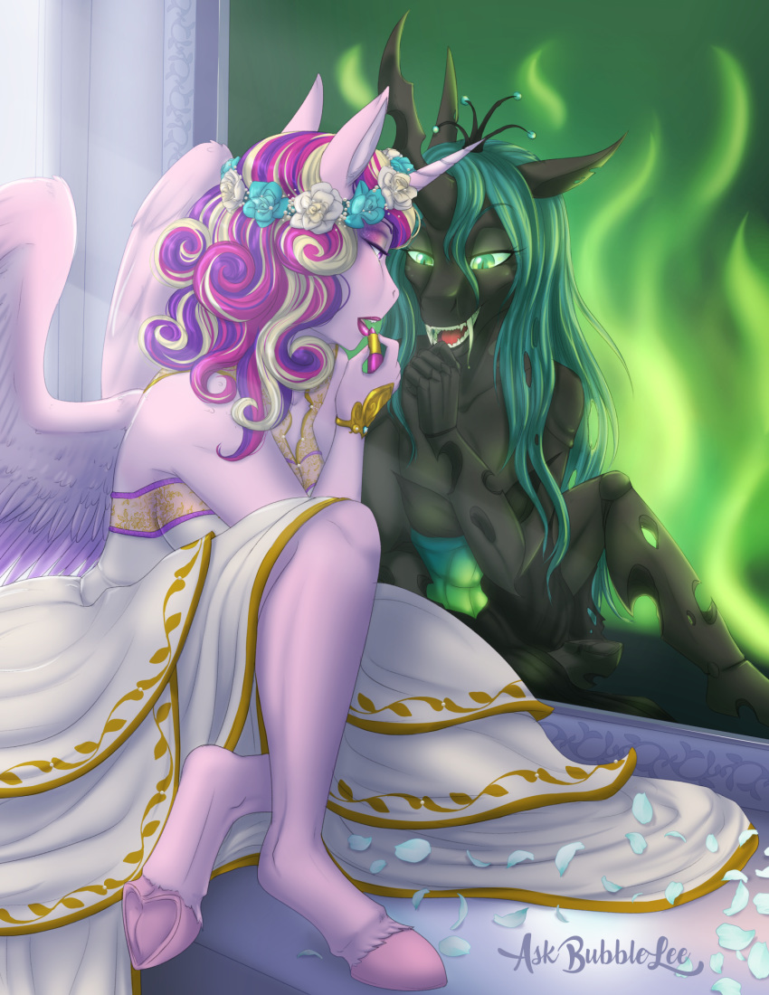 2018 anthro anthrofied catnamedfish changeling clothing dress equine eyelashes feathered_wings feathers female friendship_is_magic green_eyes hair hi_res holding_object hole_(anatomy) hooves horn lipstick long_hair makeup mammal my_little_pony petals princess_cadance_(mlp) queen_chrysalis_(mlp) slit_pupils underhoof winged_unicorn wings