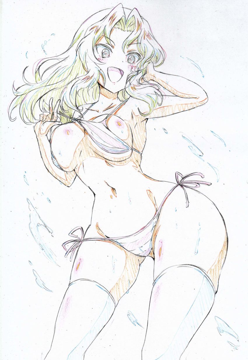 :d absurdres ass_visible_through_thighs bikini bikini_lift blonde_hair breasts collarbone color_trace colored_pencil_(medium) commentary cowboy_shot eyebrows_visible_through_hair girls_und_panzer hair_intakes hand_in_hair highres kay_(girls_und_panzer) kitazinger large_breasts lifted_by_self long_hair looking_at_viewer navel open_mouth partially_colored pink_bikini side-tie_bikini skindentation smile solo standing swimsuit thighhighs thighs traditional_media v-shaped_eyebrows wet white_legwear