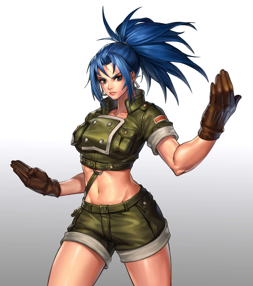 bangs blue_eyes blue_hair brown_gloves closed_mouth collarbone crop_top cropped_jacket earrings fighting_stance gloves green_jacket green_shorts hair_tie high_ponytail highres jacket jewelry leona_heidern looking_at_viewer midriff muscle navel ponytail shorts soohyun_jin the_king_of_fighters toned