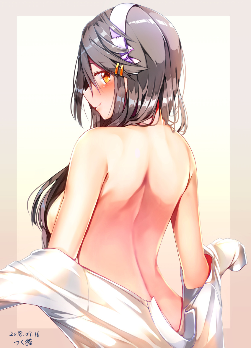 back bangs bare_shoulders black_hair blush border breasts brown_eyes butt_crack commentary_request dated eyebrows_visible_through_hair from_behind hair_ornament hair_over_breasts hair_over_shoulder hairband hairclip haruna_(kantai_collection) headgear highres kantai_collection large_breasts long_hair looking_at_viewer nape profile shoulder_blades sidelocks signature simple_background smile solo swept_bangs topless tsukui_kachou undressing