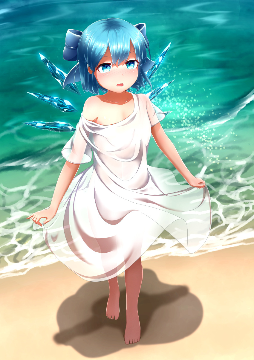absurdres alternate_costume barefoot beach blue_bow blue_eyes blush bow cirno commentary_request day dress eyebrows_visible_through_hair full_body hair_between_eyes hair_bow highres ice ice_wings looking_at_viewer marine_day ocean off_shoulder open_mouth outdoors reito_(lyra-yasao-0628) see-through shadow shiny shiny_hair short_sleeves skirt_hold solo standing touhou wet wet_clothes white_dress wings