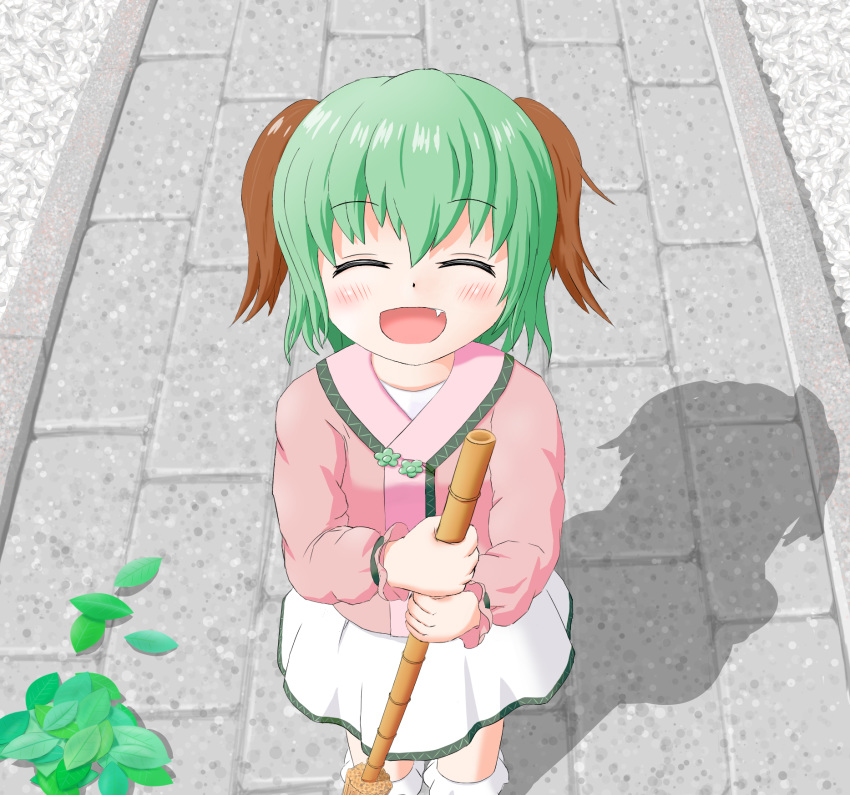 ^_^ animal_ears bamboo_broom blush bobby_socks broom closed_eyes commentary_request day eyebrows_visible_through_hair facing_viewer fang feet_out_of_frame from_above green_hair hair_between_eyes highres holding holding_broom hoya_(bismuth83) kasodani_kyouko leaf long_sleeves open_mouth outdoors pink_shirt sett shadow shirt short_hair skirt smile socks solo touhou undershirt walkway white_legwear white_skirt
