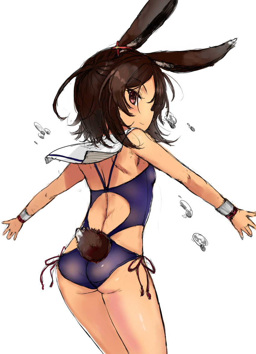 absurdres animal_ears ass azur_lane black_hair bracer brown_eyes bunny_ears bunny_tail commentary_request detached_collar from_behind highres i-26_(azur_lane) looking_back one-piece_swimsuit outstretched_arms sailor_collar sasahara_yuuki school_swimsuit short_hair side-tie_swimsuit simple_background smile solo swimsuit tail white_background