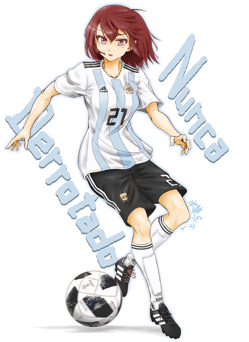 2018_fifa_world_cup absurdres adidas ahoge argentina ball black_shorts brown_eyes brown_hair chinese_commentary collarbone commentary dear_muyu full_body highres looking_down open_mouth original playing_sports running shoes short_hair shorts sneakers soccer soccer_ball soccer_uniform solo spanish sport sportswear telstar_18 white_background white_legwear world_cup