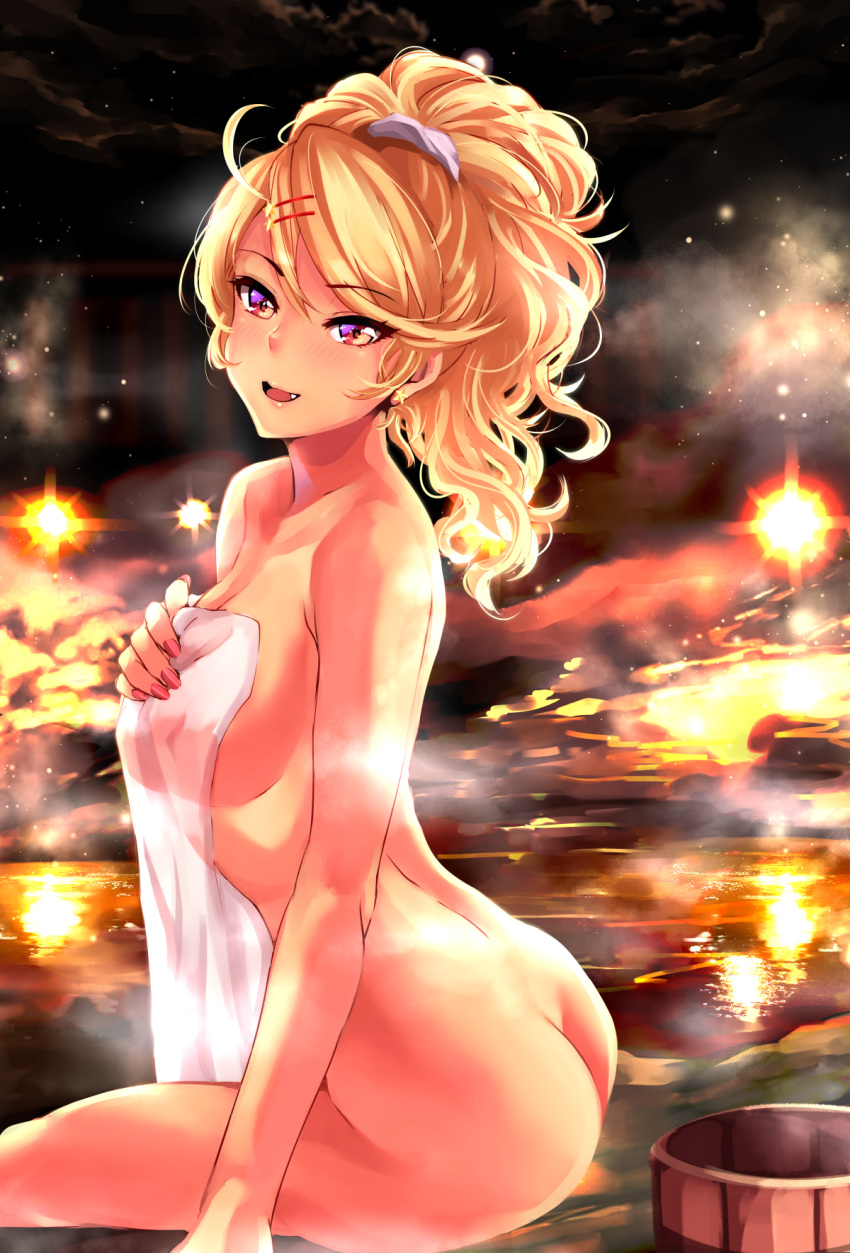 amaryllis ass bathing blonde_hair blush breasts cleavage collarbone commentary_request dark_skin earrings fang gyaru hair_ornament hair_scrunchie hairclip high_ponytail highres jewelry large_breasts lips long_hair looking_at_viewer nail_polish naked_towel onsen open_mouth orange_eyes ouga_saki outdoors pink_nails scrunchie see-through sitting sky star star_(sky) star_earrings starry_sky tdnd-96 towel virtual_youtuber water wavy_hair wet_towel white_scrunchie white_towel
