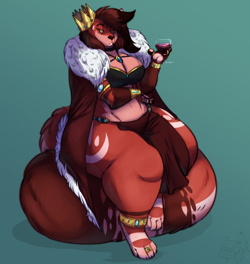 4_toes alcohol anklet anthro beverage big_breasts big_butt boxgoat bra bracelet breasts brown_hair butt choker cloth clothed clothing crown female fur_coat hair huge_butt hyper hyper_butt jewelry jinsag looking_at_viewer mammal markings navel necklace queen red_panda ring royalty simple_background sitting slightly_chubby solo thick_thighs toes underwear voluptuous wide_hips wine wine_glass yellow_eyes