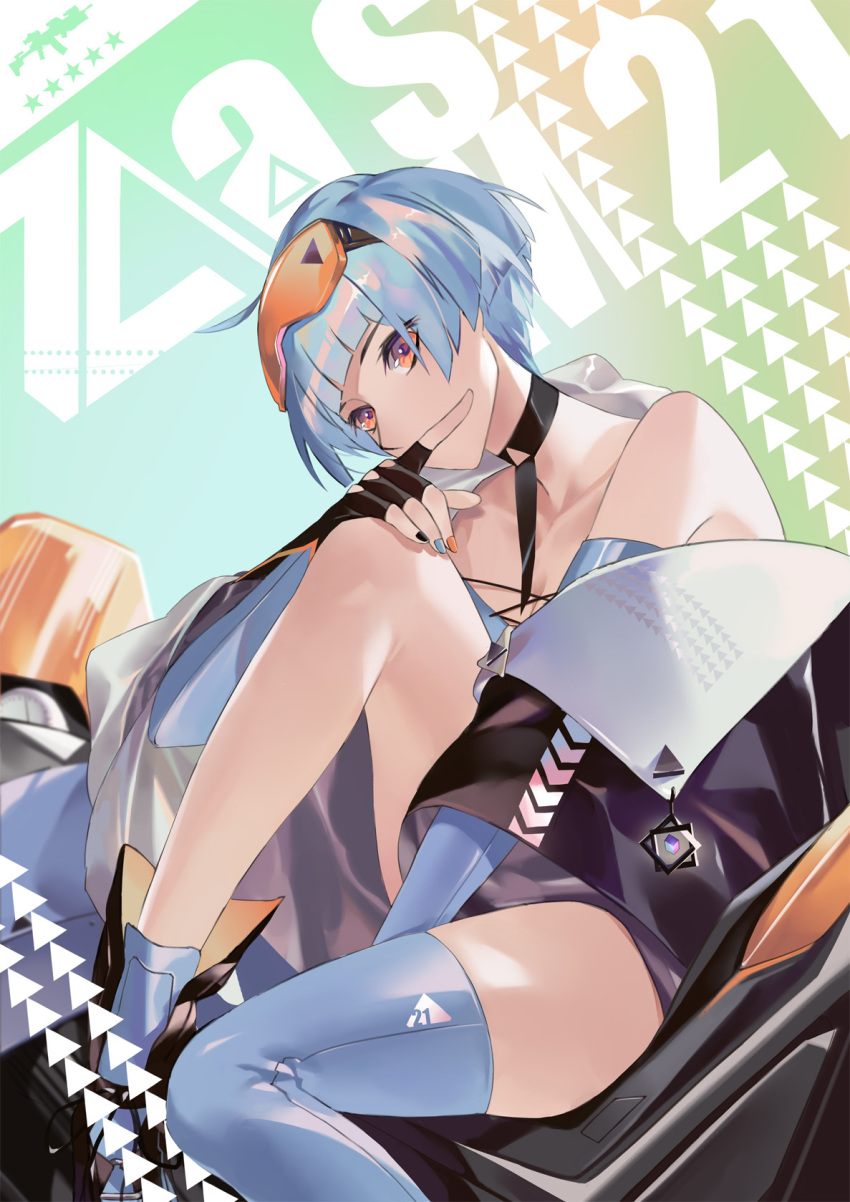 ahoge asymmetrical_legwear bangs black_footwear black_gloves black_legwear blue_gloves blue_hair blue_legwear boots character_name choker commentary covered_mouth earrings elbow_gloves eyewear_on_head finger_to_mouth fingerless_gloves girls_frontline gloves goggles goggles_on_head ground_vehicle hand_on_own_knee head_tilt highres jewelry jiji_(pixiv10646874) knee_up looking_at_viewer motor_vehicle motorcycle multicolored multicolored_nails nail_polish necktie off_shoulder on_motorcycle orange_eyes orange_goggles short_hair single_thighhigh skindentation solo thighhighs thighs zas_m21_(girls_frontline)