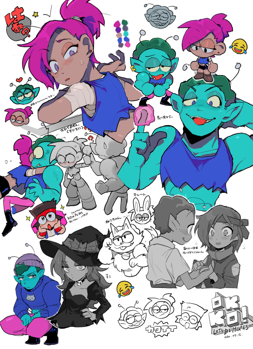 2boys ? absurdres afro animalization antennae blush bunny cat chibi choker color_guide crop_top earrings emoticon energy enid_(ok_k.o.!) fang freckles gomoku_(gomoku418) green_skin hand_on_hip hat headband heart highres holding_hands jewelry jitome k.o._(ok_k.o.!) lavender_eyes logo looking_away looking_back multiple_boys ok_k.o.!_let's_be_heroes pants pink_pants ponytail purple_hair radicles_(ok_k.o.!) shorts simple_background skull_necklace sparkle sweater white_background witch_hat
