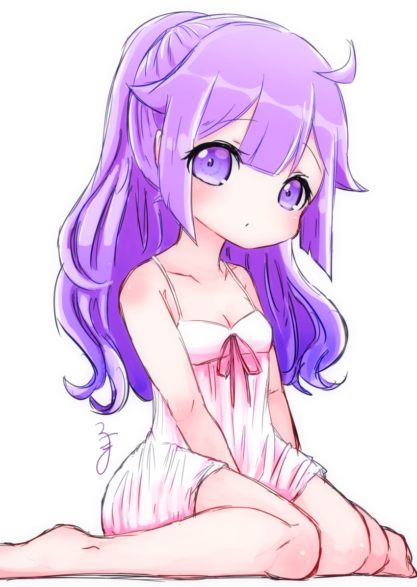 azur_lane bangs bare_shoulders barefoot between_legs closed_mouth collarbone commentary_request dress eyebrows_visible_through_hair hair_between_eyes hair_flaps hand_between_legs head_tilt highres long_hair looking_at_viewer pink_ribbon purple_eyes purple_hair ribbon simple_background sitting sleeveless sleeveless_dress solo udauda unicorn_(azur_lane) very_long_hair wariza white_background white_dress