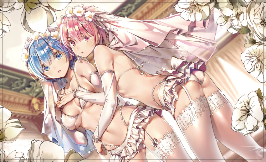 ass blue_eyes blue_hair blurry bra breasts bridal_veil bride cleavage commentary_request contrapposto depth_of_field detached_sleeves detexted dsmile dutch_angle flower from_side garter_straps hair_flower hair_ornament hands_on_own_chest highleg highleg_panties highres indoors large_breasts long_sleeves looking_at_viewer microskirt multiple_girls navel panties parted_lips pink_eyes pink_hair pleated_skirt ram_(re:zero) re:zero_kara_hajimeru_isekai_seikatsu rem_(re:zero) short_hair siblings sisters skirt standing thighhighs third-party_edit twins underwear underwear_only veil white_bra white_legwear white_panties