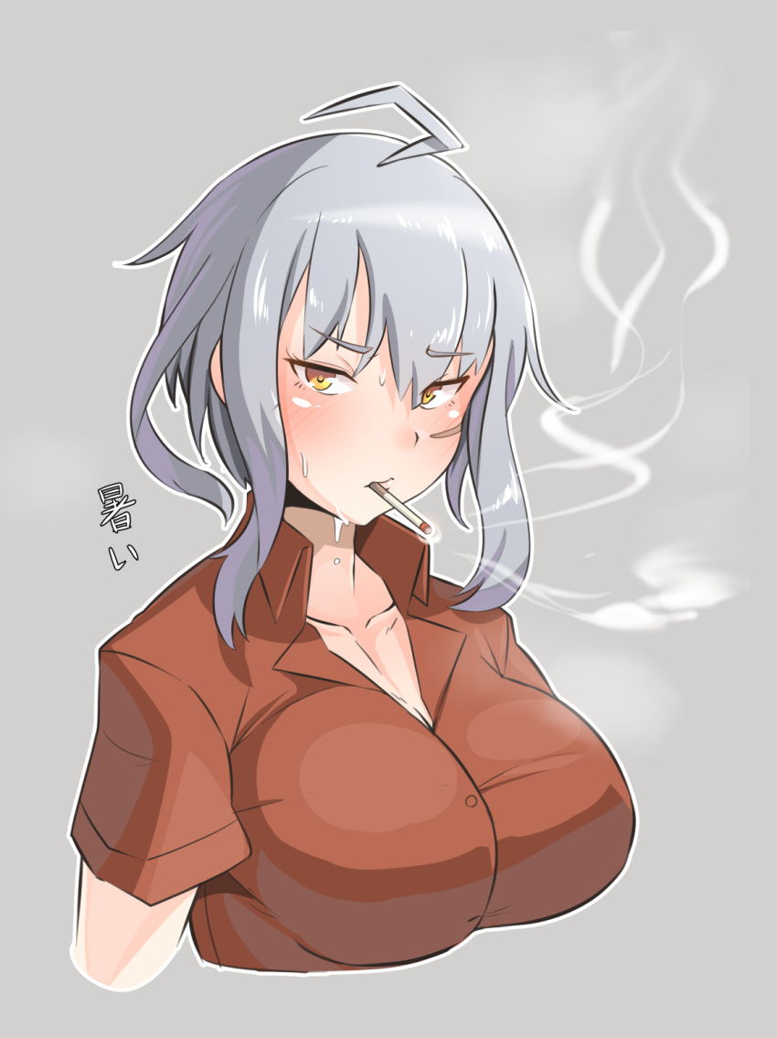 ahoge alternate_hair_length alternate_hairstyle blush cigarette commentary gangut_(kantai_collection) grey_background grey_hair highres kantai_collection red_shirt ryuun_(stiil) scar shirt short_hair simple_background smoke smoking solo sweat translated upper_body yellow_eyes
