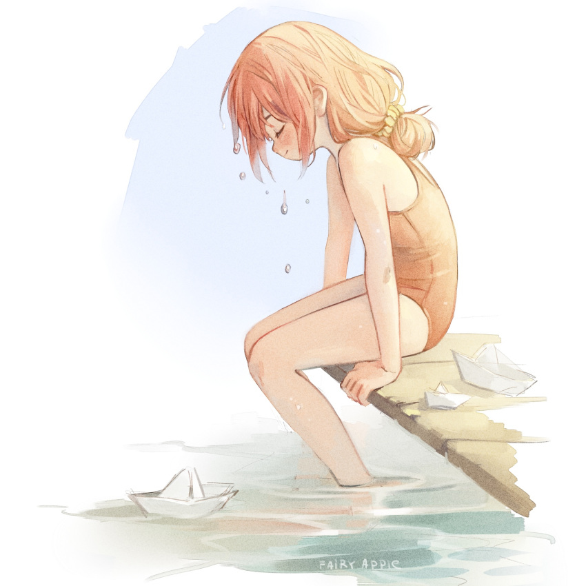 arched_back arm_support artist_name bangs blush child closed_eyes closed_mouth commentary dripping ears everlasting_summer fairyapple from_side hair_ornament hair_scrunchie hairband highres long_bangs one-piece_swimsuit orange_hair orange_swimsuit outdoors paper_boat partially_submerged ponytail profile russian_commentary scrunchie short_hair short_ponytail sidelocks sitting smile soaking_feet solo swimsuit ussr-tan water water_drop