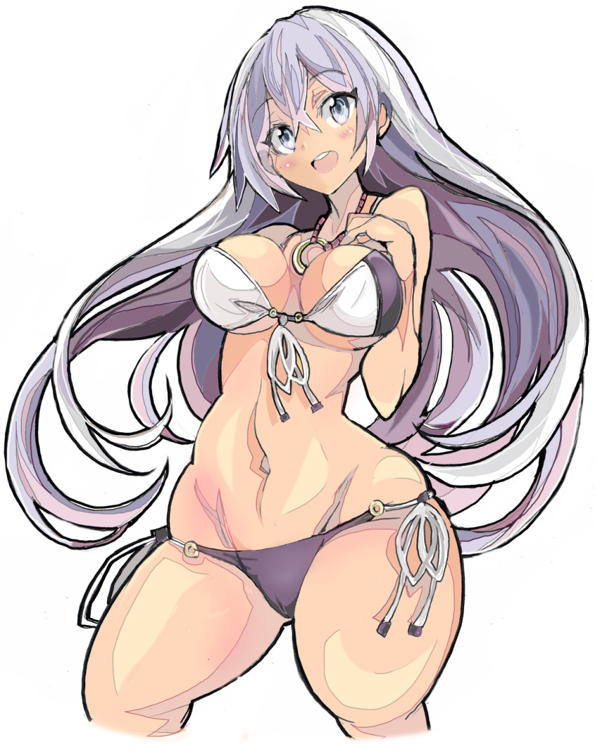 :d bangs bare_shoulders bikini blue_eyes blush breasts cowboy_shot crossed_bangs enpe eyebrows_visible_through_hair front-tie_bikini front-tie_top groin hair_between_eyes highres isabelle_(shadowverse) jewelry legs_apart light_blue_eyes long_hair long_sleeves medium_breasts multicolored_hair navel necklace open_mouth purple_hair round_teeth shadowverse side-tie_bikini simple_background smile solo stomach swimsuit teeth thighs two-tone_hair underboob very_long_hair white_background white_hair wide_hips