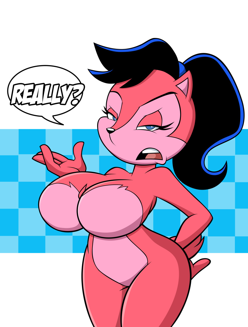 anthro big_breasts black_hair blue_eyes breasts chipmunk dialogue english_text featureless_breasts featureless_crotch female fur grimphantom hair huge_breasts looking_at_viewer mammal nude open_mouth pink_fur rodent sally_acorn short_hair solo sonic_(series) squirrel teeth text