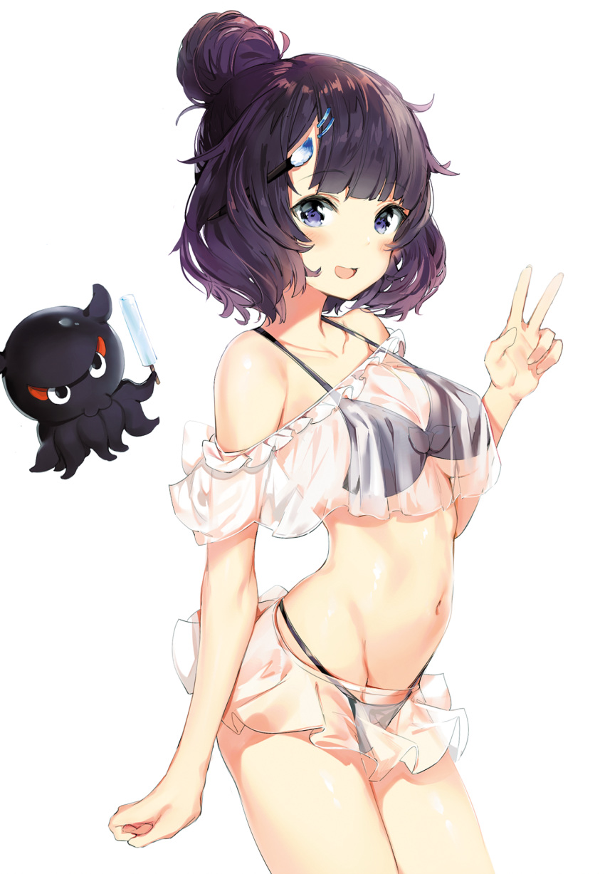 :d animal bangs bare_shoulders bikini black_bikini blunt_bangs blush breasts collarbone eyebrows_visible_through_hair fate/grand_order fate_(series) food groin hair_bun hair_ornament hairclip hand_up highres hips holding holding_food katsushika_hokusai_(fate/grand_order) looking_at_viewer medium_breasts miniskirt navel octopus off_shoulder open_mouth paintbrush popsicle purple_eyes purple_hair see-through silver_(chenwen) simple_background skirt smile solo swimsuit tokitarou_(fate/grand_order) v white_background
