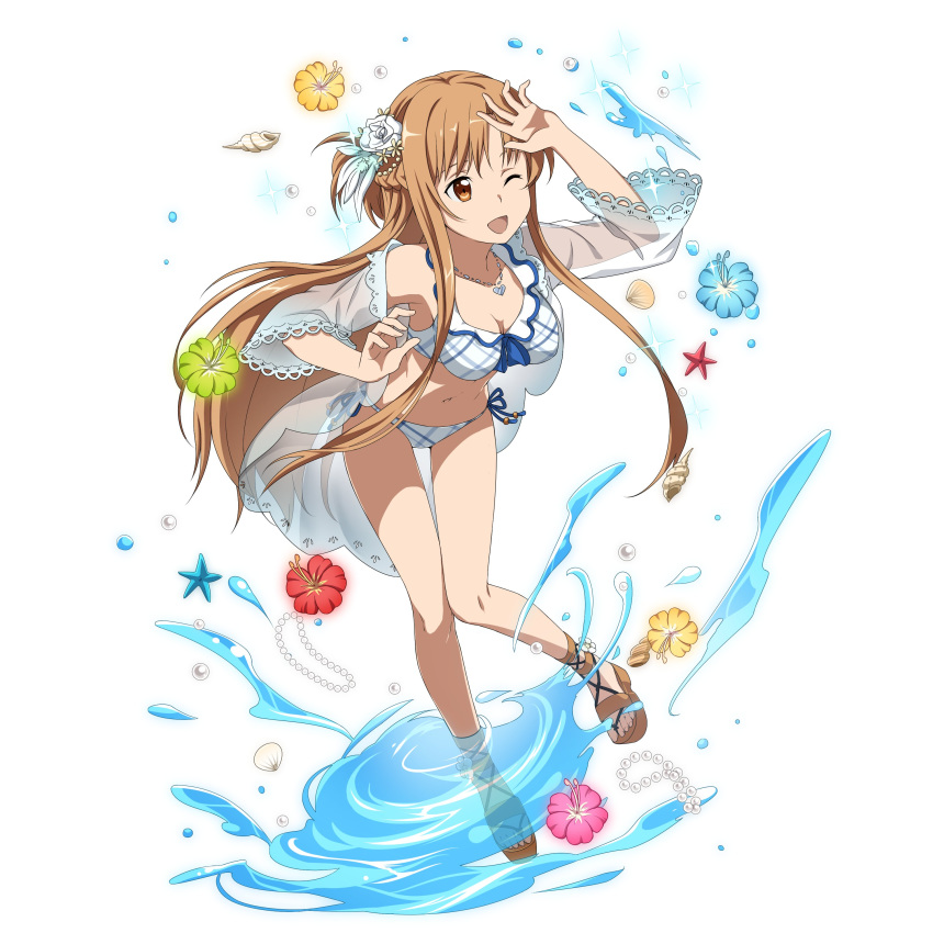 ;d absurdres arm_up asuna_(sao) bikini blue_flower blue_ribbon breasts brown_eyes brown_hair cleavage feathers floating_hair flower front-tie_bikini front-tie_top full_body green_flower hair_feathers hair_flower hair_ornament heart heart_necklace hibiscus highres leaning_forward leg_up long_hair medium_breasts navel official_art one_eye_closed open_mouth pink_flower platform_footwear red_flower ribbon rose sandals see-through side-tie_bikini simple_background smile solo swimsuit sword_art_online sword_art_online:_code_register very_long_hair water white_background white_bikini white_feathers white_flower white_rose yellow_flower