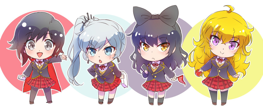 blake_belladonna blonde_hair blue_eyes bow chibi commentary english_commentary gradient_hair hair_bow highres iesupa long_hair multicolored_hair ponytail purple_eyes red_hair ruby_rose rwby rwby_chibi scar scar_across_eye school_uniform short_hair side_ponytail silver_eyes two-tone_hair wavy_hair weiss_schnee white_hair yang_xiao_long yellow_eyes