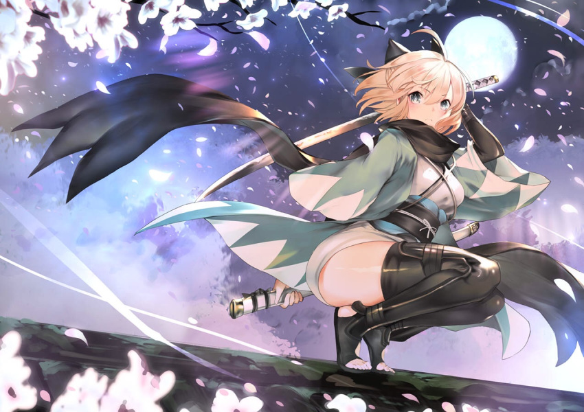 bangs black_scarf blonde_hair bow closed_mouth commentary english_commentary fate/grand_order fate_(series) flower full_body full_moon grey_eyes hair_bow holding holding_sword holding_weapon japanese_clothes katana kimono looking_at_viewer moon night night_sky obi okita_souji_(fate) okita_souji_(fate)_(all) open_toe_shoes outdoors petals sash scarf sheath short_hair short_kimono sky solo squatting sword teddy_(khanshin) thighs tree_branch weapon wide_sleeves