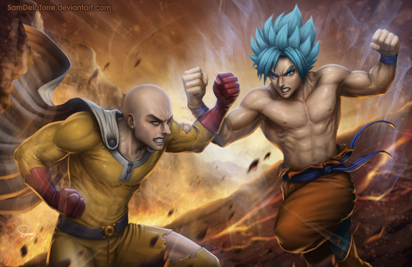abs angry bald battle belt boots cape chest clenched_hands clenched_teeth commentary crack crossover deviantart_username dragon_ball duel energy english_commentary epic fire gloves ground_shatter manly molten_rock multiple_boys muscle one-punch_man pointy_hair realistic saitama_(one-punch_man) sam_delatore shirtless signature son_gokuu spiked_hair super_saiyan_blue teeth torn_clothes